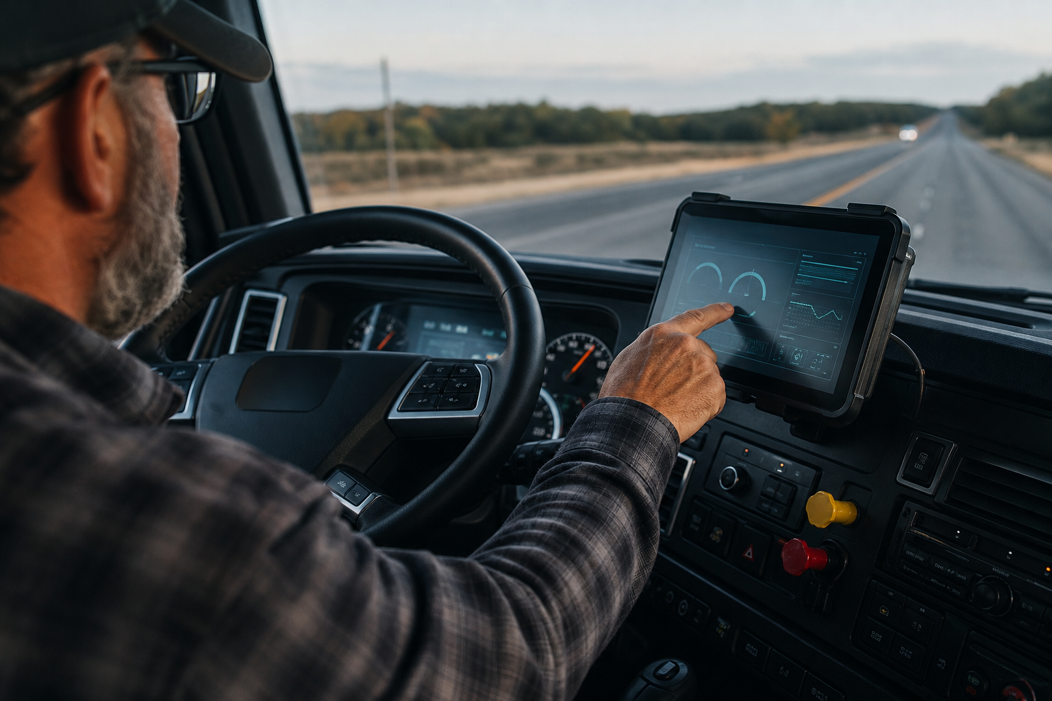 Driver using an ELD tablet inside a truck cab