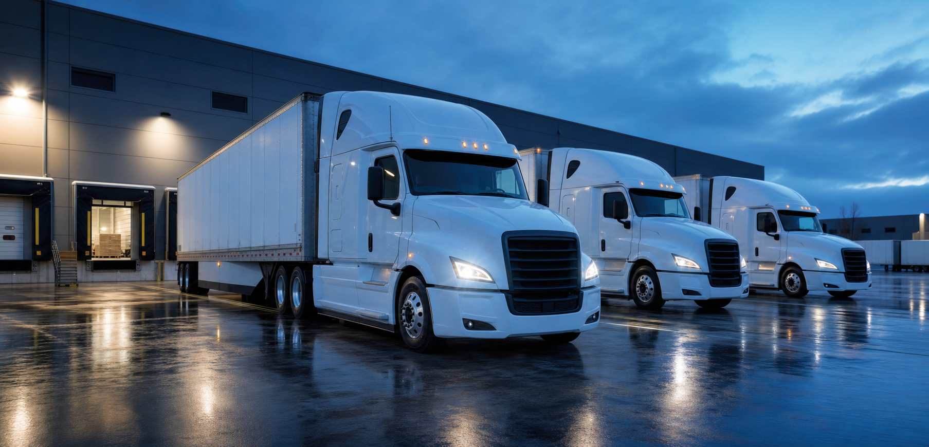 Modern semi trucks staged in a logistics yard